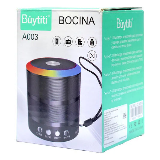Bocina Mini Bluetooth Portátil con Luz LED RGB 360° BUYTITI A003