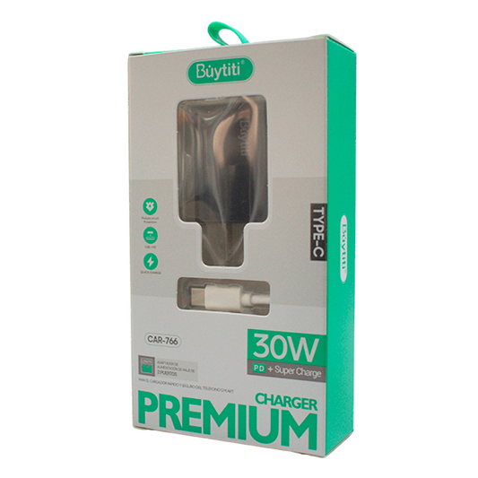 Cubo Cargador de 30W con Puertos USB y USB-Tipo C con Cable Tipo C BUYTITI CAR-766