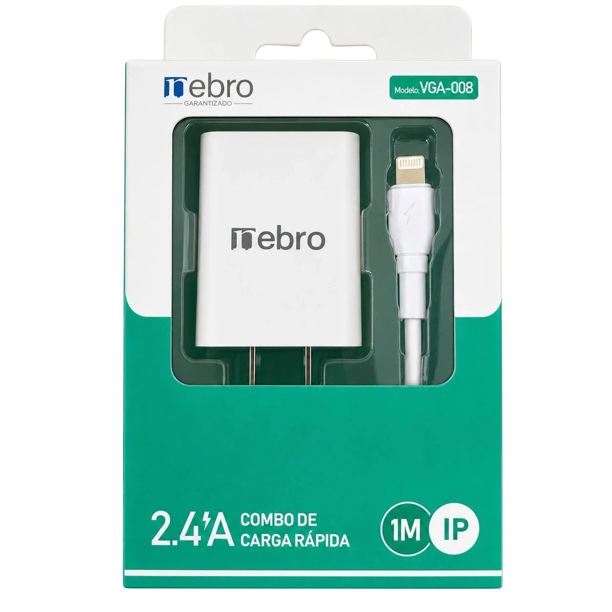 Cargador blanco AccTechnology para iPhone con cable IP de 1 metro, carga rápida 2.4A y diseño compacto.