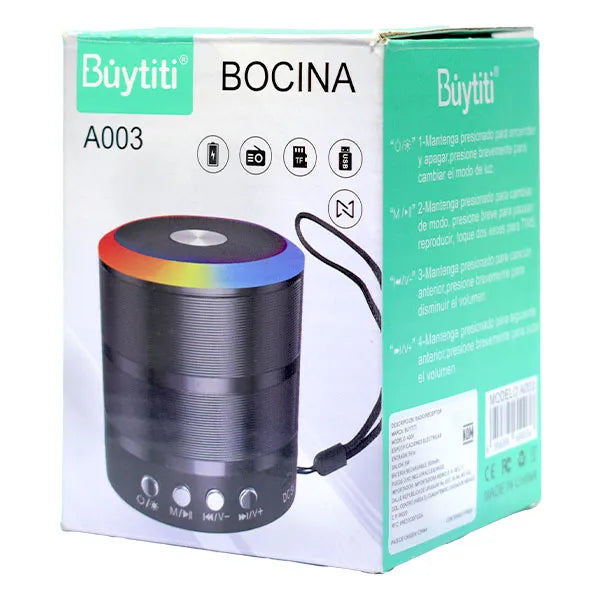 Bocina Mini Bluetooth Portátil con Luz LED RGB 360° BUYTITI A003