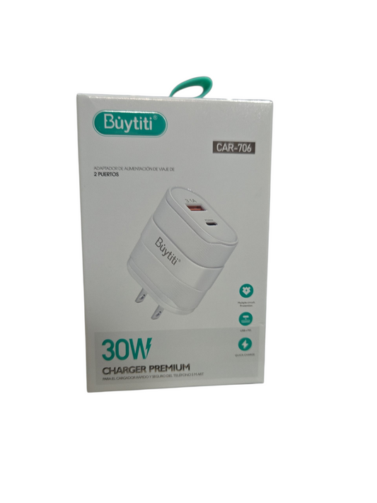 Cargador 30w con puertos usb y tipo C CAR707